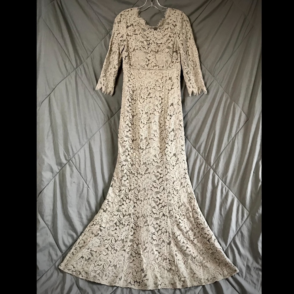 Eliza J Lace Bateau Neck Mermaid Gown